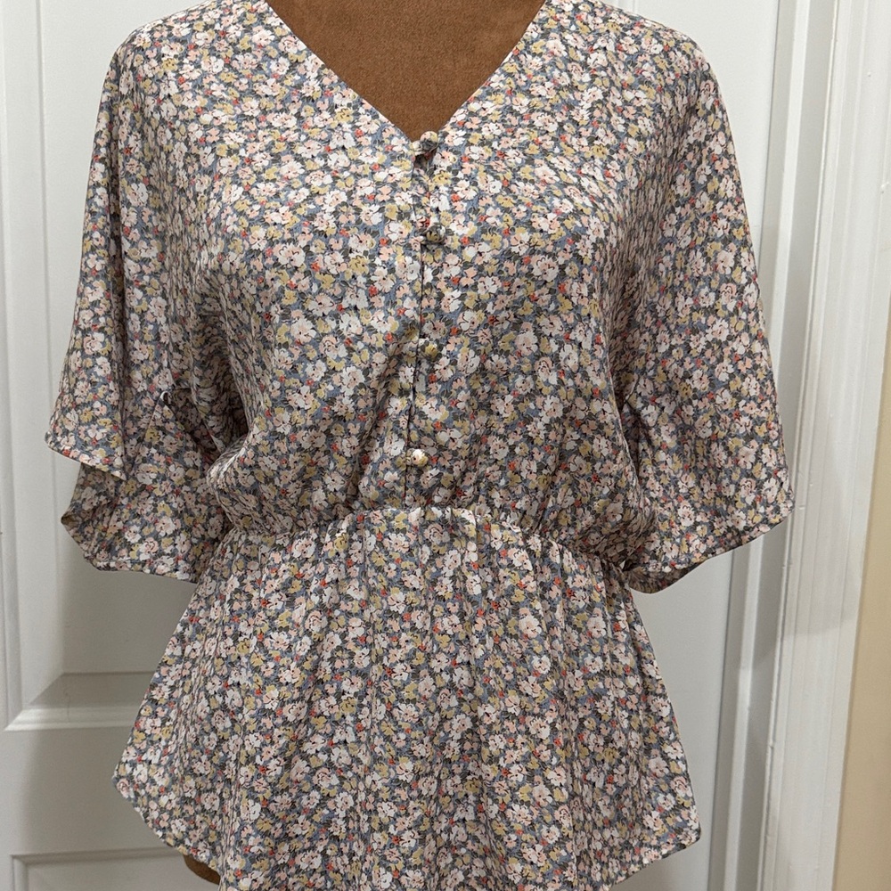Sienna Sky Floral V-Neck Blouse with Elastic Waist and Flutter Sleeves